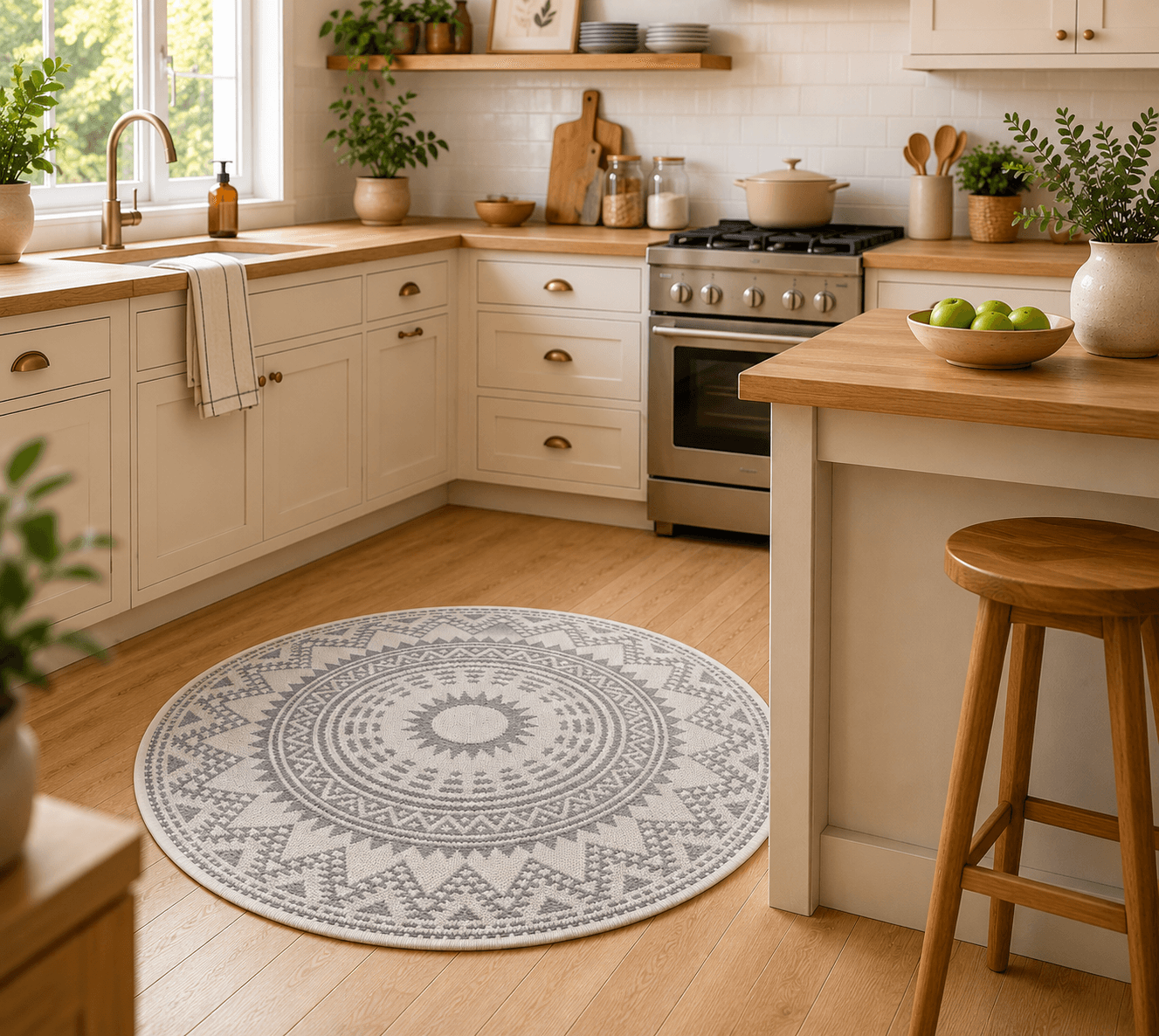 Cream Boho Round Kitchen Hallway Rug 