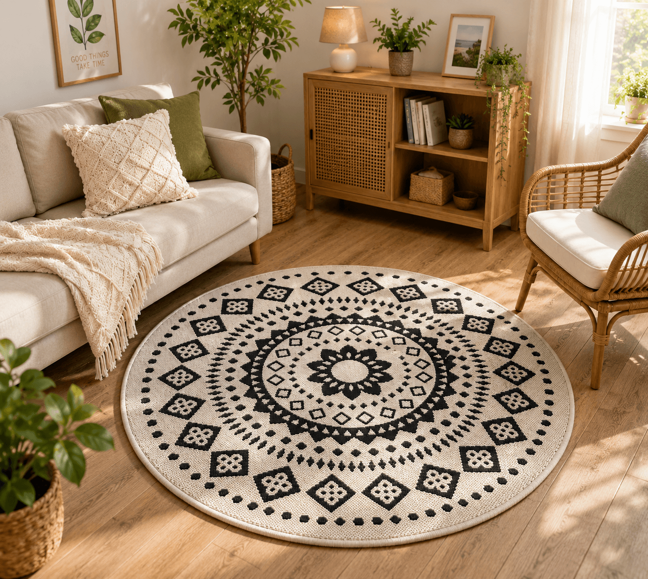 Round Boho Non Slip Rug Brown Cream